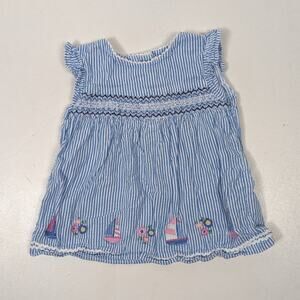 Jojo Maman Bebe Top Girls Size 18-24m Blue Stripe Sailboat Smocked